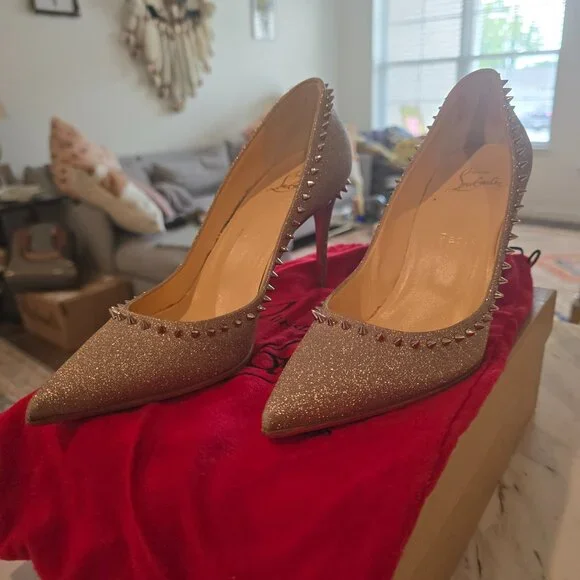 Christian Louboutin | Anjalina 85 Rose Gold/Pink Spike Accent Heels - Picture 2 of 4